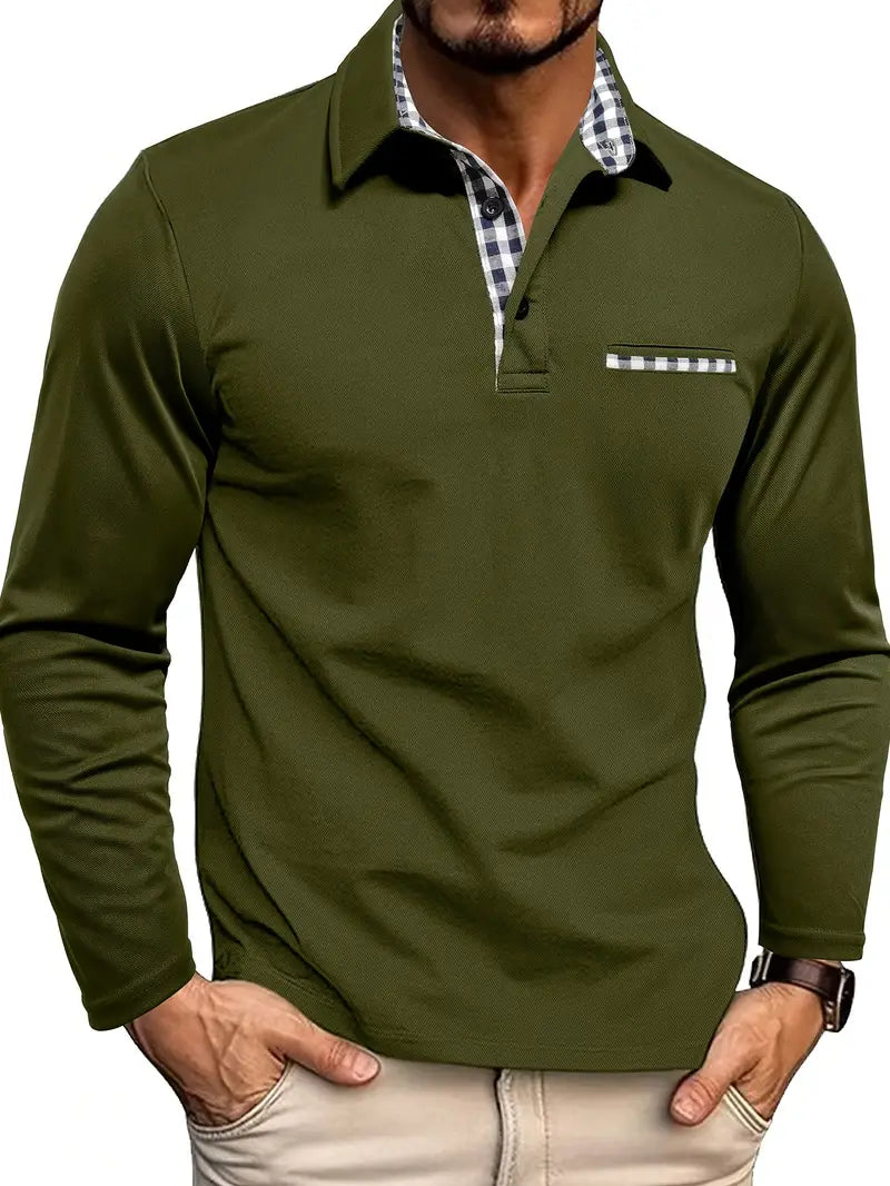 Long Sleeve Polo Shirt Men's with Checkered Collar and Pocket - Image 3