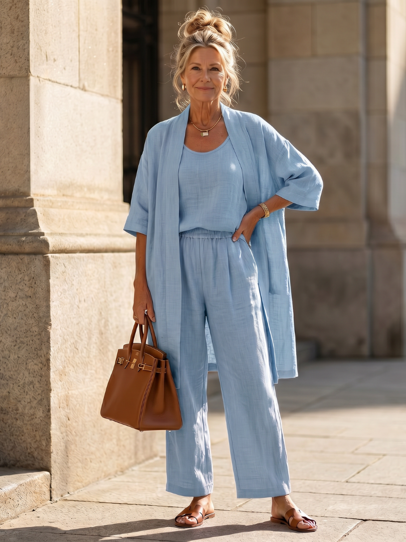 Two-Piece Set Women's Relaxed Fit Top and Pants with Matching Drape - Image 10