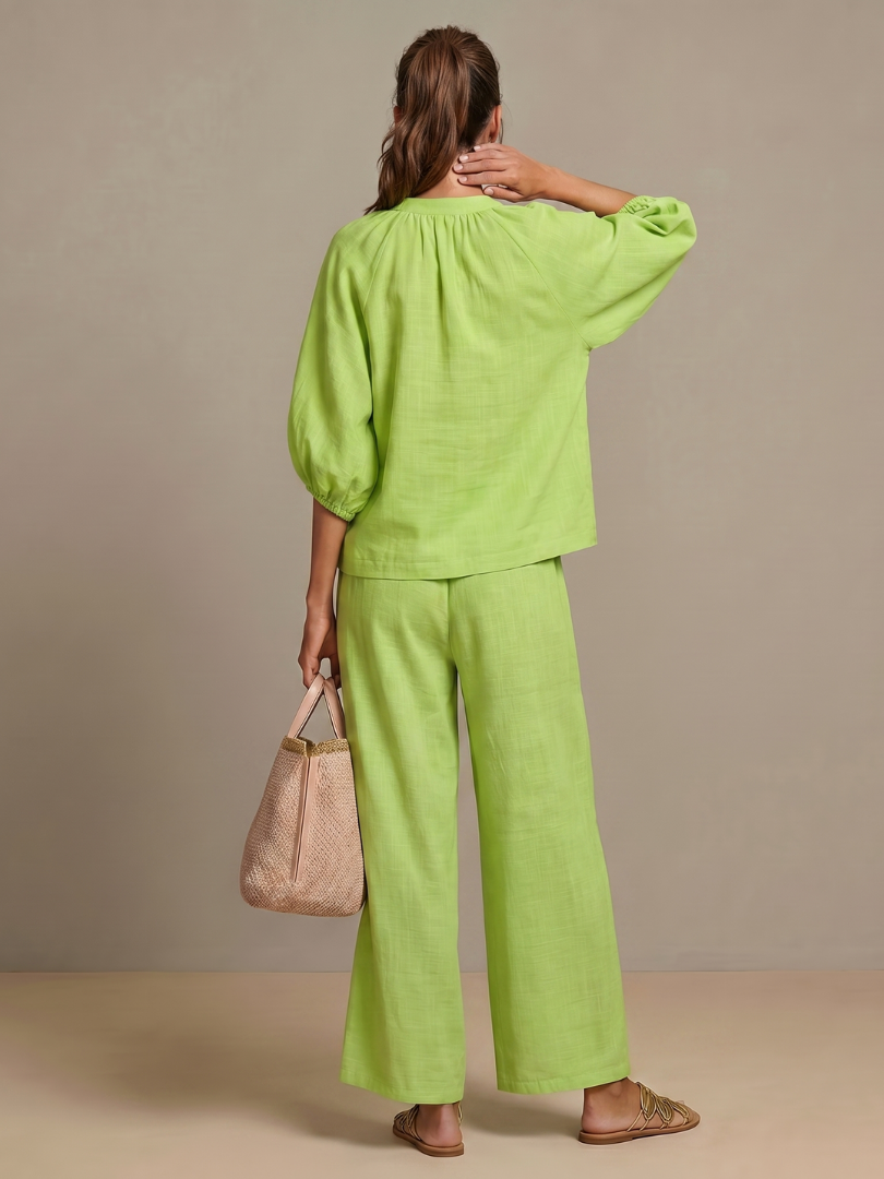 Two-Piece Set Women's Relaxed Fit with Puff Sleeves and Trousers - Image 10