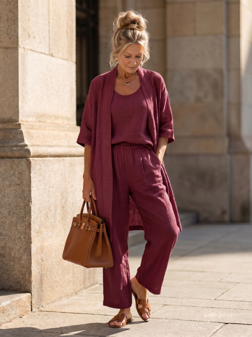 Two-Piece Set Women's Relaxed Fit Top and Pants with Matching Drape - Image 12