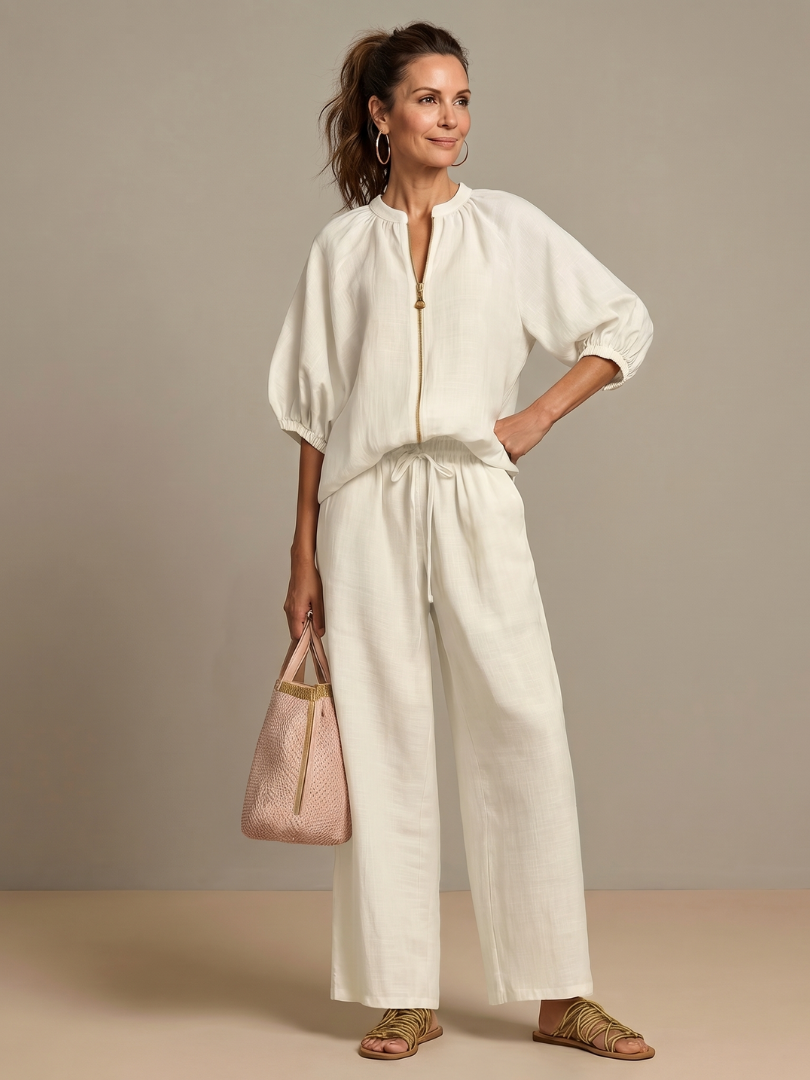 Two-Piece Set Women's Relaxed Fit with Puff Sleeves and Trousers - Image 13