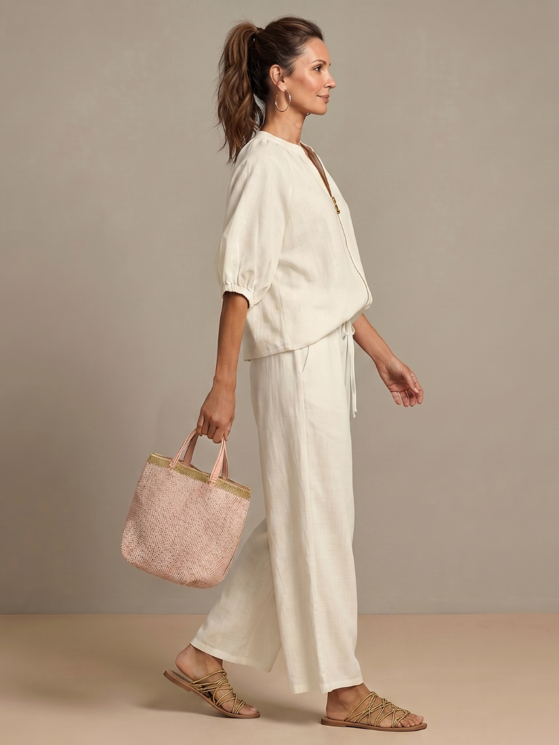 Two-Piece Set Women's Relaxed Fit with Puff Sleeves and Trousers - Image 14