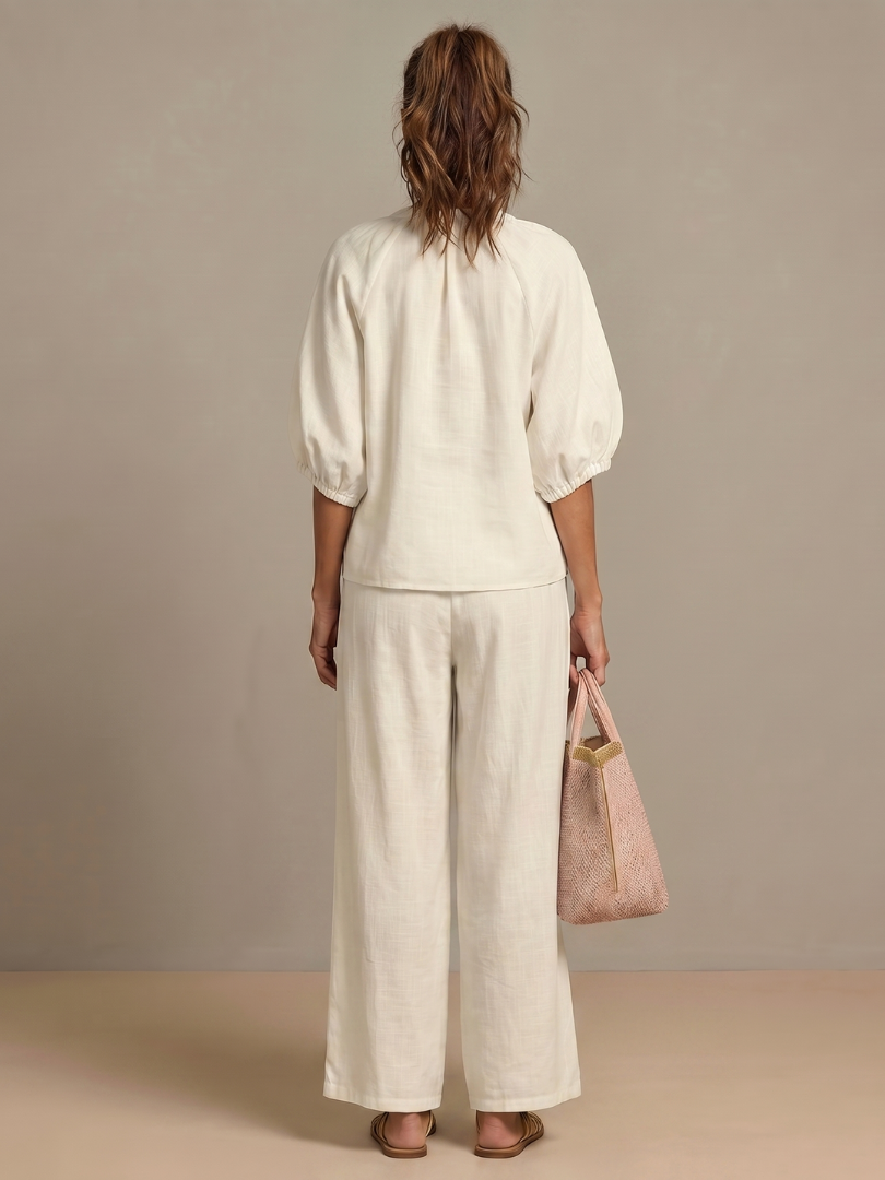 Two-Piece Set Women's Relaxed Fit with Puff Sleeves and Trousers - Image 16