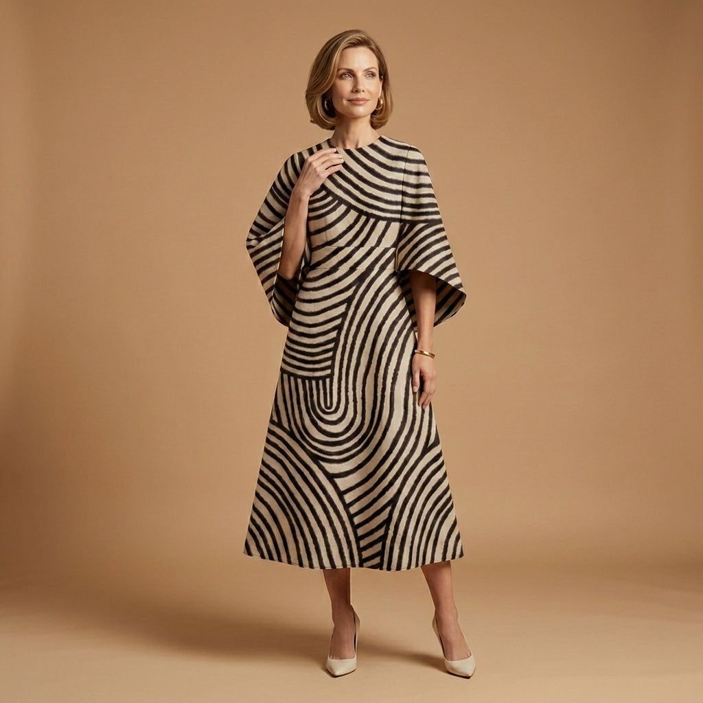 Midi Dress Women's Striped Pattern Elegant Cut with Flattering Sleeves  - Image 1