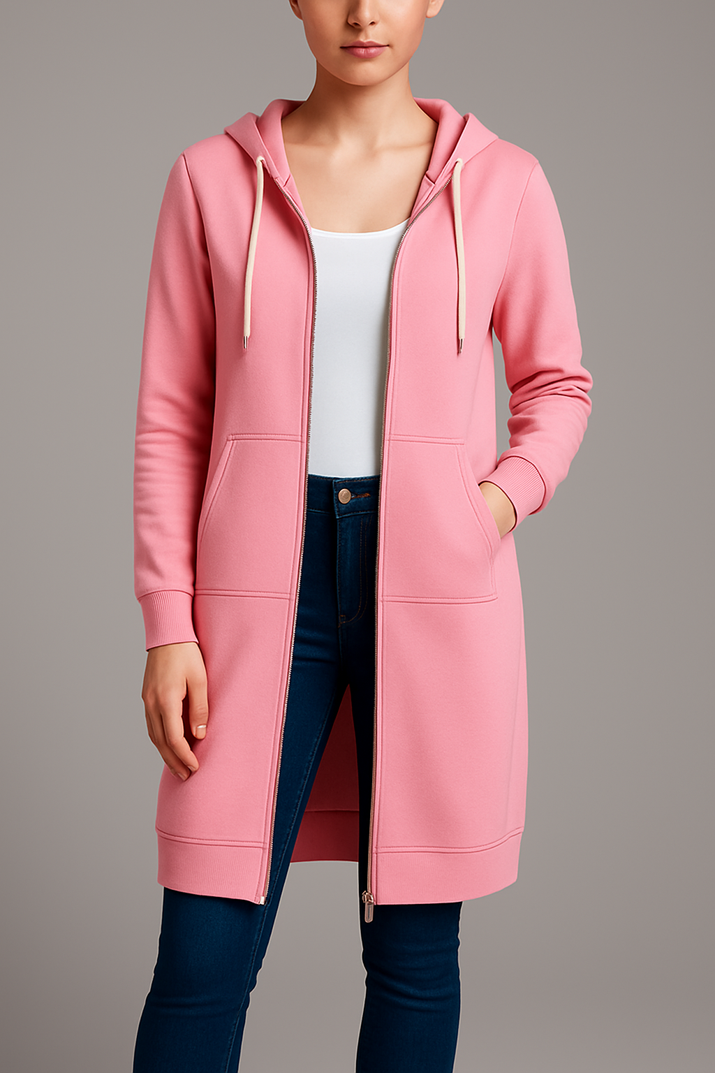 Damen Kapuzenjacke Longline mit Reißverschluss und praktischen Taschen | J&B - 1 - Jasminaboutique.com