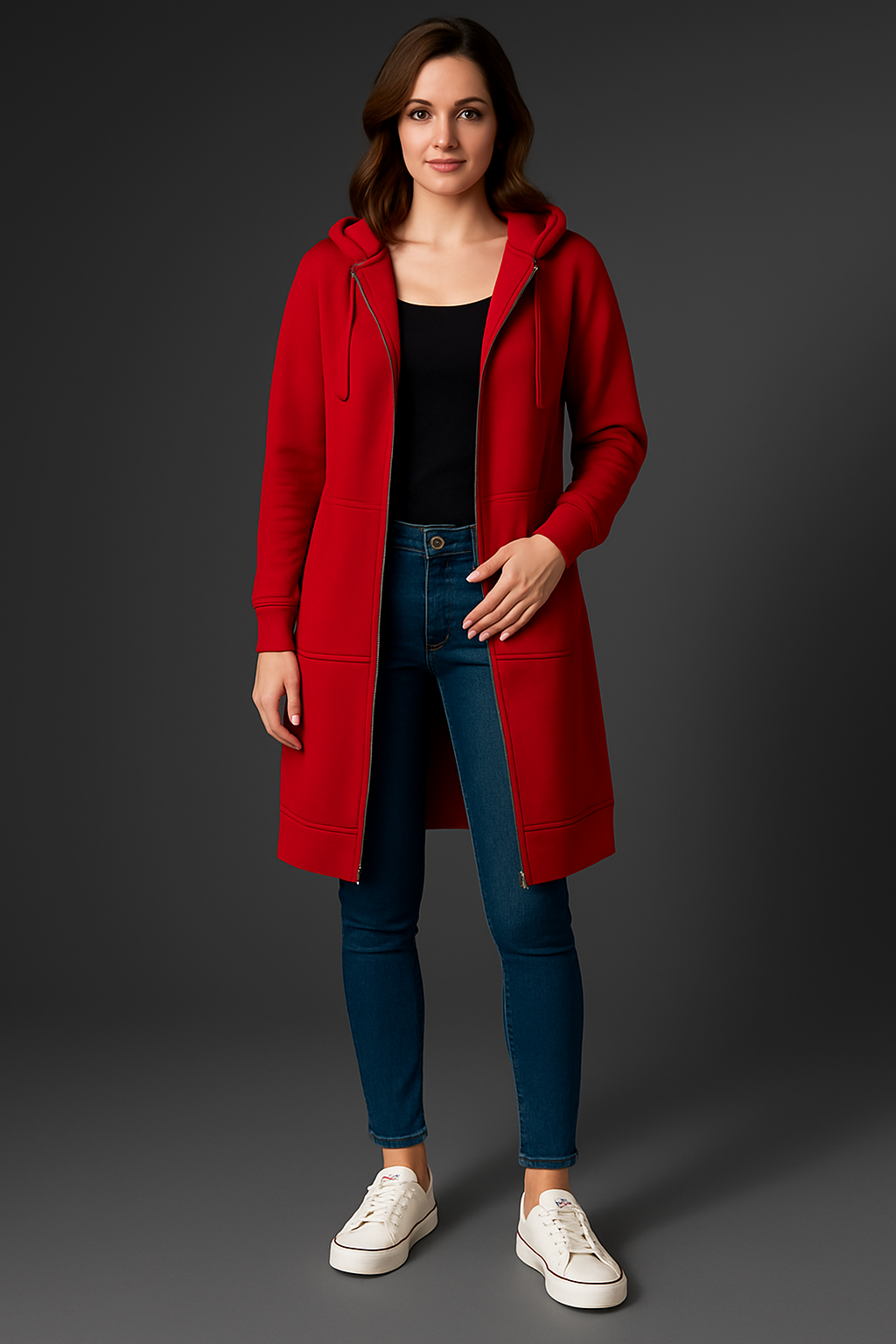 Damen Kapuzenjacke Longline mit Reißverschluss und praktischen Taschen | J&B - 2 - Jasminaboutique.com