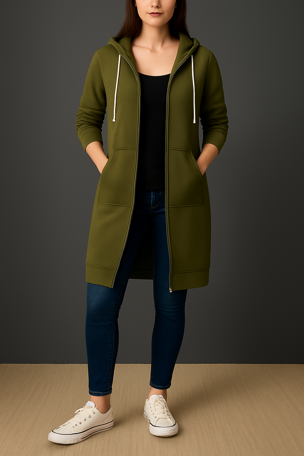 Damen Kapuzenjacke Longline mit Reißverschluss und praktischen Taschen | J&B - 3 - Jasminaboutique.com