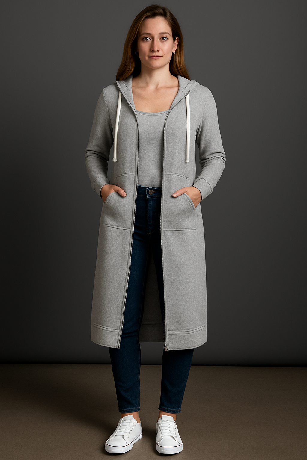 Damen Kapuzenjacke Longline mit Reißverschluss und praktischen Taschen | J&B - 4 - Jasminaboutique.com