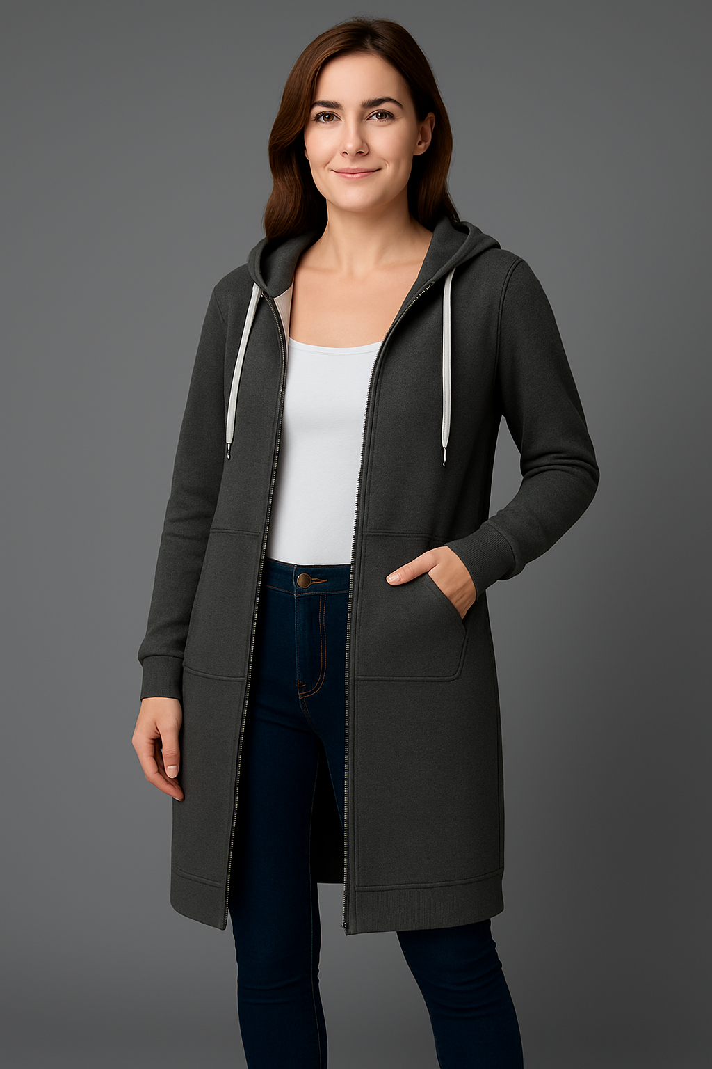 Damen Kapuzenjacke Longline mit Reißverschluss und praktischen Taschen | J&B - 6 - Jasminaboutique.com