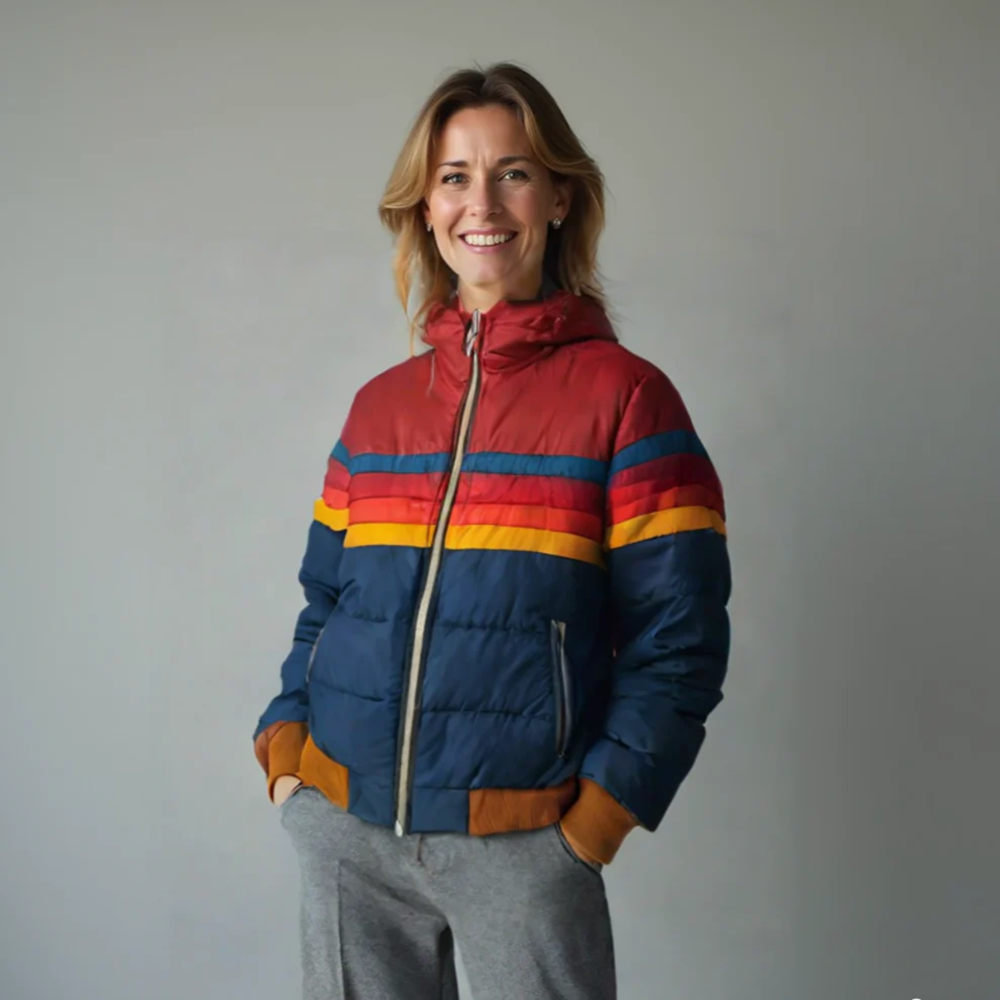 Damen Steppjacke mit buntem Streifenmuster und Reißverschluss | J&B - 1 - Jasminaboutique.com