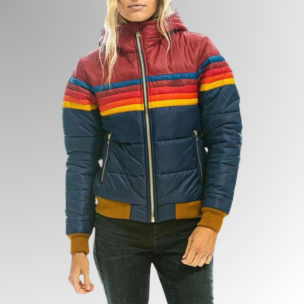 Damen Steppjacke mit buntem Streifenmuster und Reißverschluss | J&B - 2 - Jasminaboutique.com