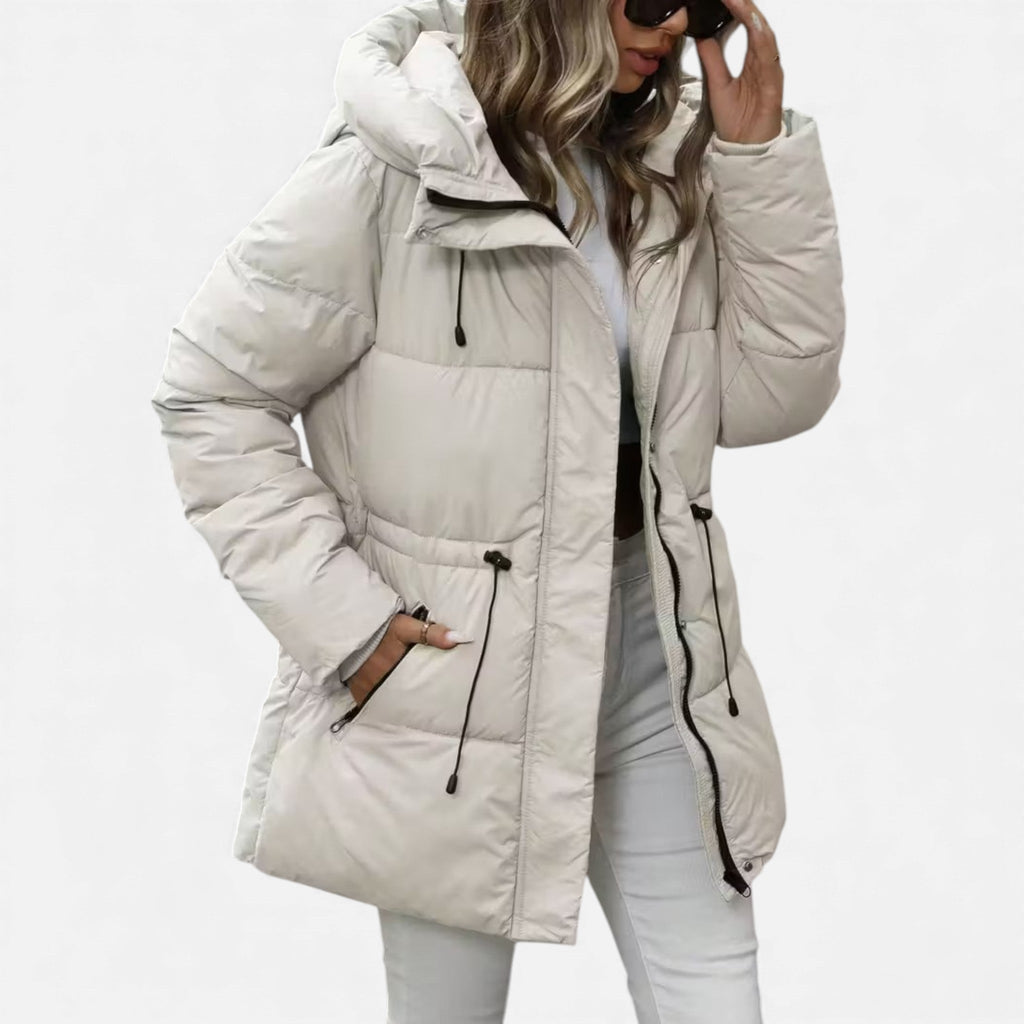 Lange Daunenjacke Damen mit Kapuze und verstellbarem Kordelzug | J&B - 4 - Jasminaboutique.com
