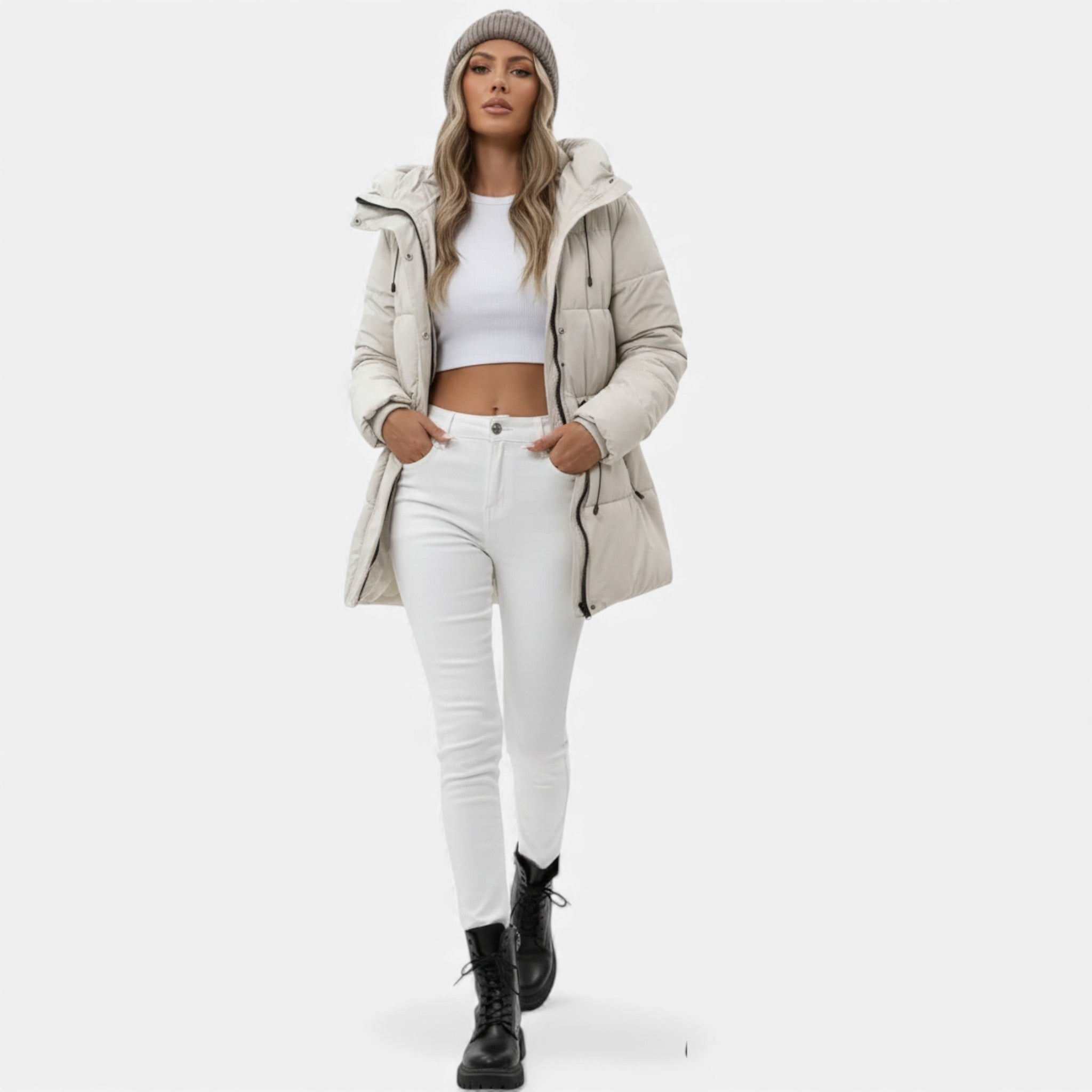 Lange Daunenjacke Damen mit Kapuze und verstellbarem Kordelzug | J&B - 5 - Jasminaboutique.com