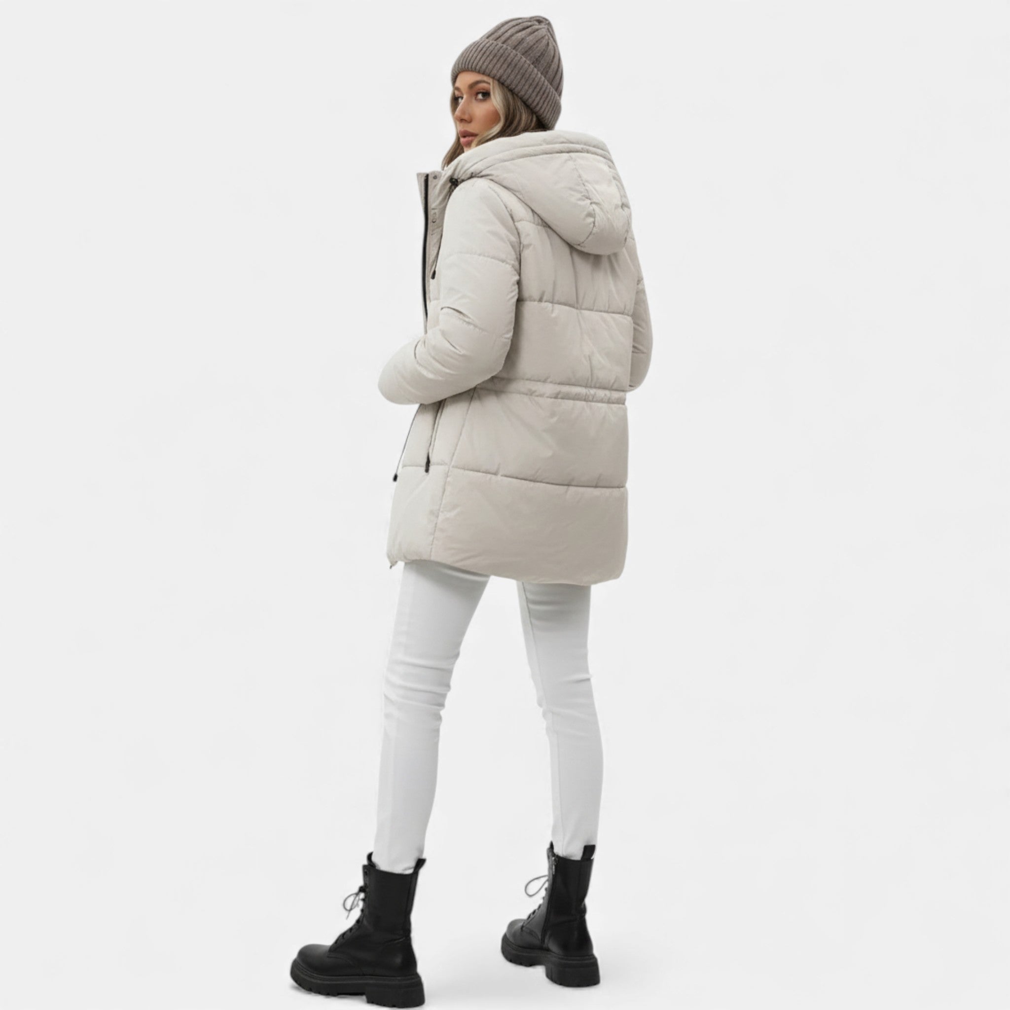 Lange Daunenjacke Damen mit Kapuze und verstellbarem Kordelzug | J&B - 6 - Jasminaboutique.com