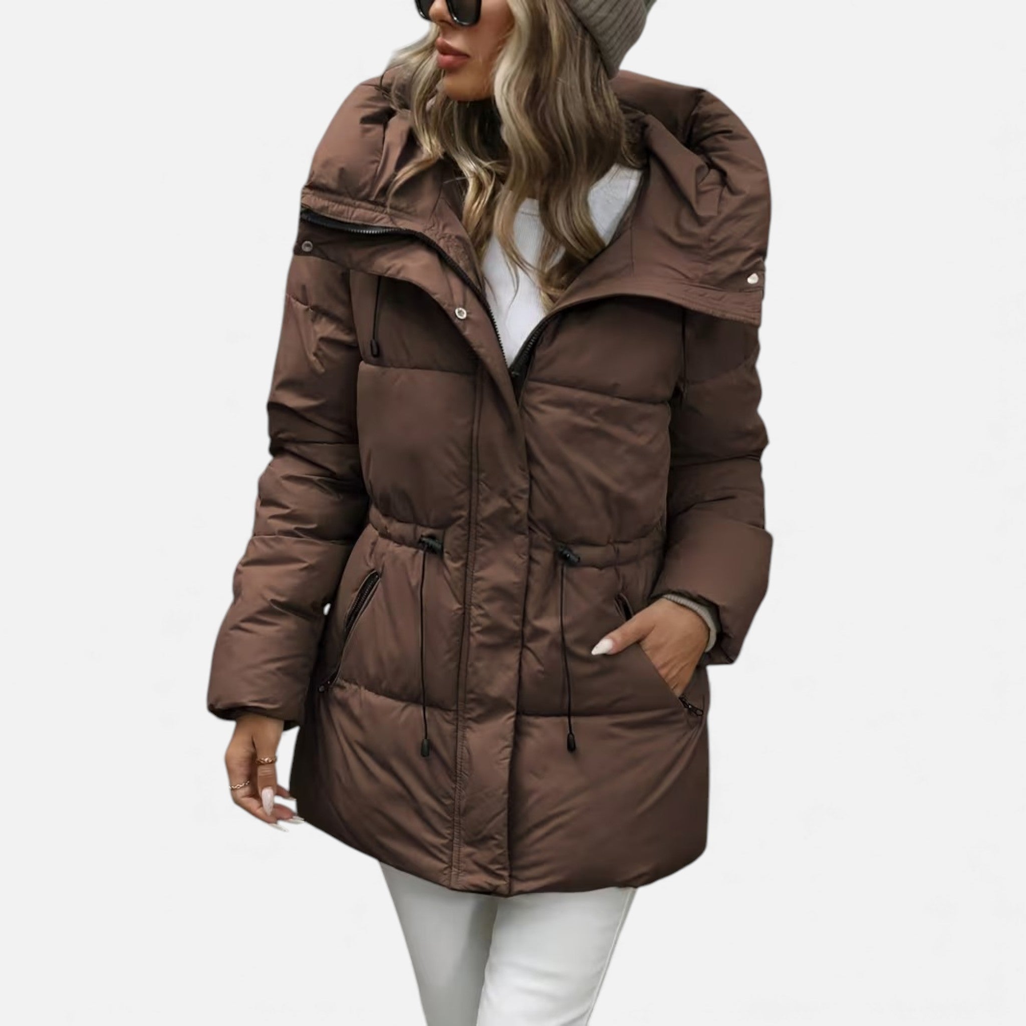 Lange Daunenjacke Damen mit Kapuze und verstellbarem Kordelzug | J&B - 8 - Jasminaboutique.com