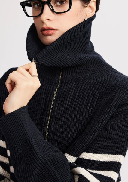 Gestreifter Pullover Damen in lockerer Passform mit Reißverschluss | J&B - 3 - Jasminaboutique.com