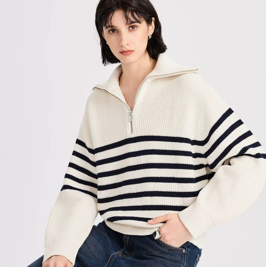 Gestreifter Pullover Damen in lockerer Passform mit Reißverschluss | J&B - 4 - Jasminaboutique.com