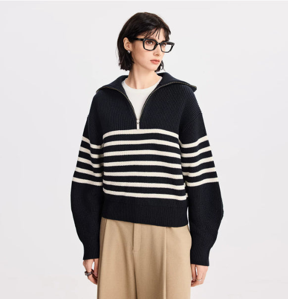 Gestreifter Pullover Damen in lockerer Passform mit Reißverschluss | J&B - 5 - Jasminaboutique.com