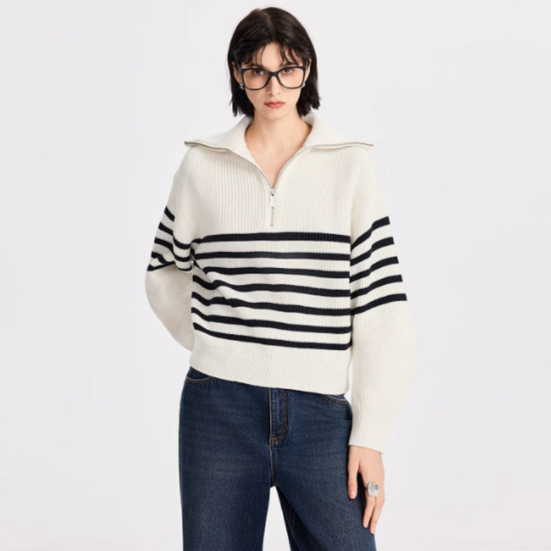 Gestreifter Pullover Damen in lockerer Passform mit Reißverschluss | J&B - 6 - Jasminaboutique.com