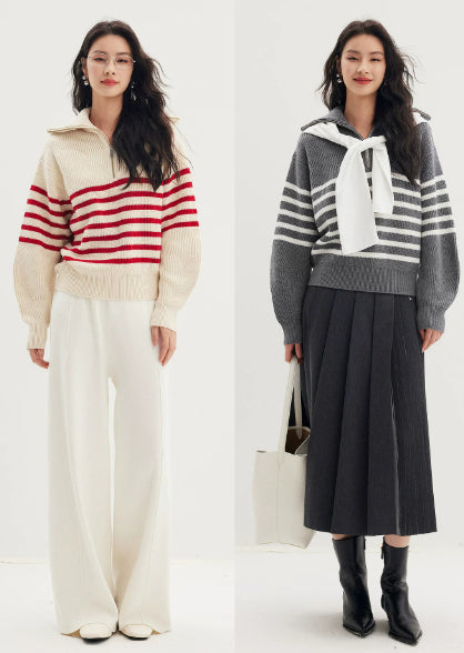 Gestreifter Pullover Damen in lockerer Passform mit Reißverschluss | J&B - 7 - Jasminaboutique.com