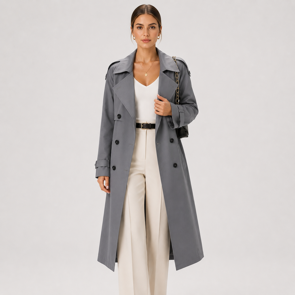 Trenchcoat Damen mit langen Ärmeln und Zweireiher-Verschluss | J&B - 1 - Jasminaboutique.com