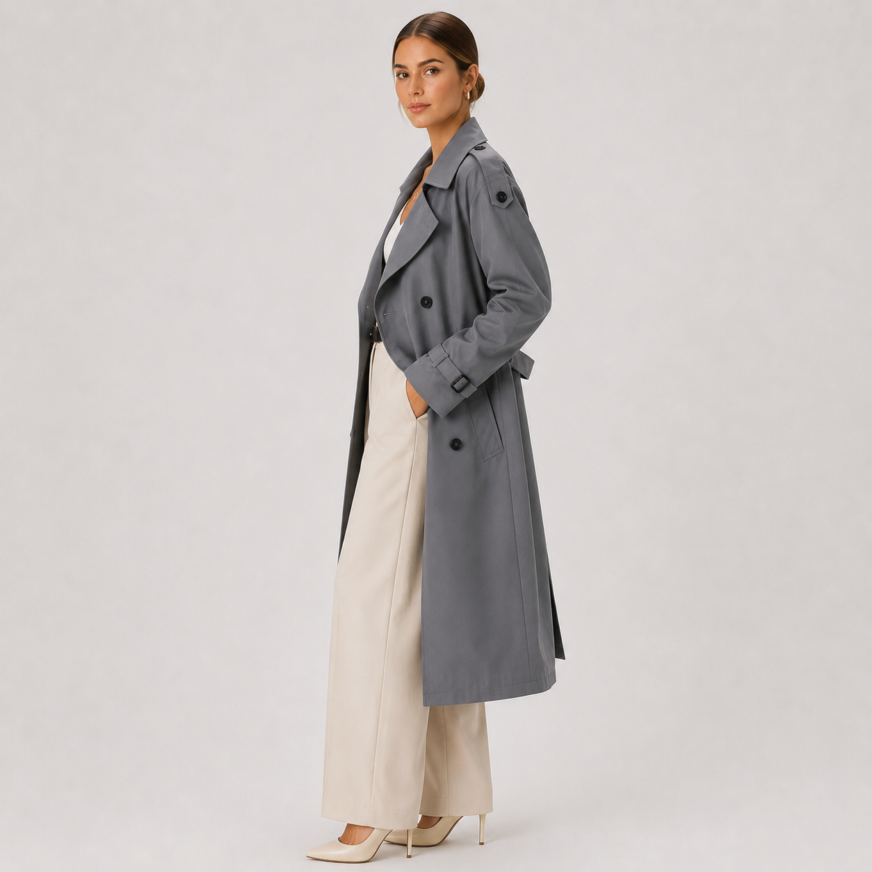 Trenchcoat Damen mit langen Ärmeln und Zweireiher-Verschluss | J&B - 2 - Jasminaboutique.com