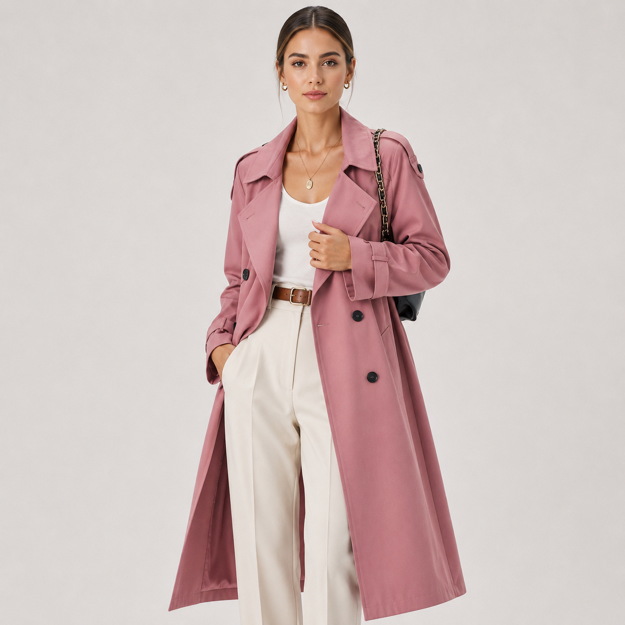 Trenchcoat Damen mit langen Ärmeln und Zweireiher-Verschluss | J&B - 6 - Jasminaboutique.com