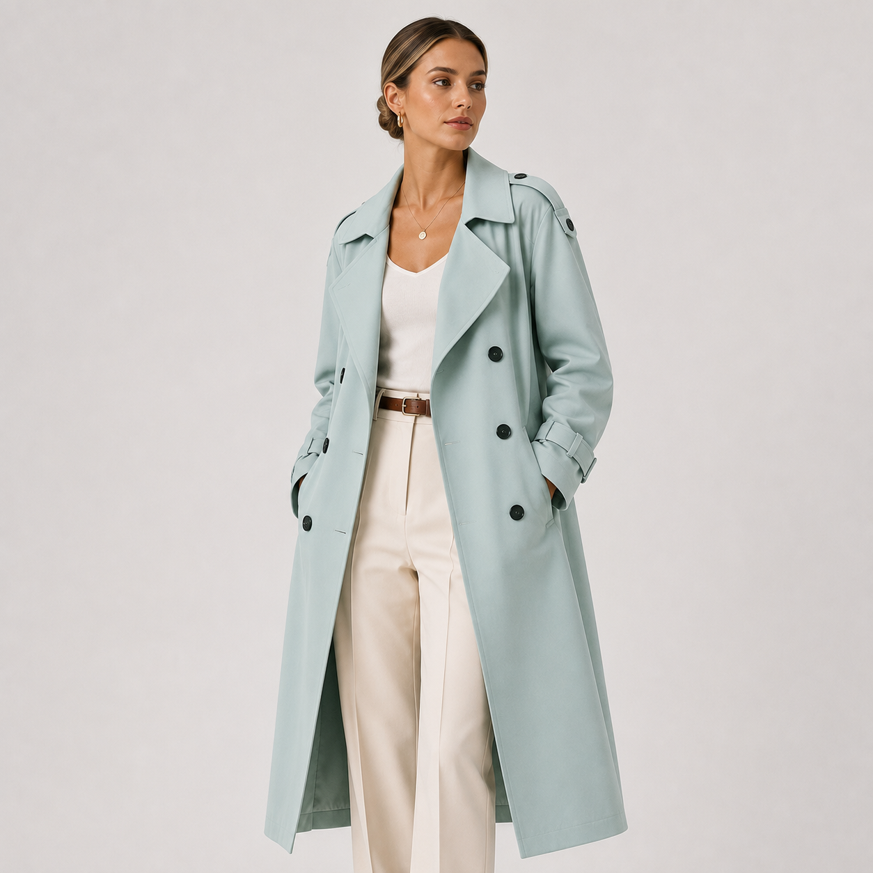 Trenchcoat Damen mit langen Ärmeln und Zweireiher-Verschluss | J&B - 8 - Jasminaboutique.com