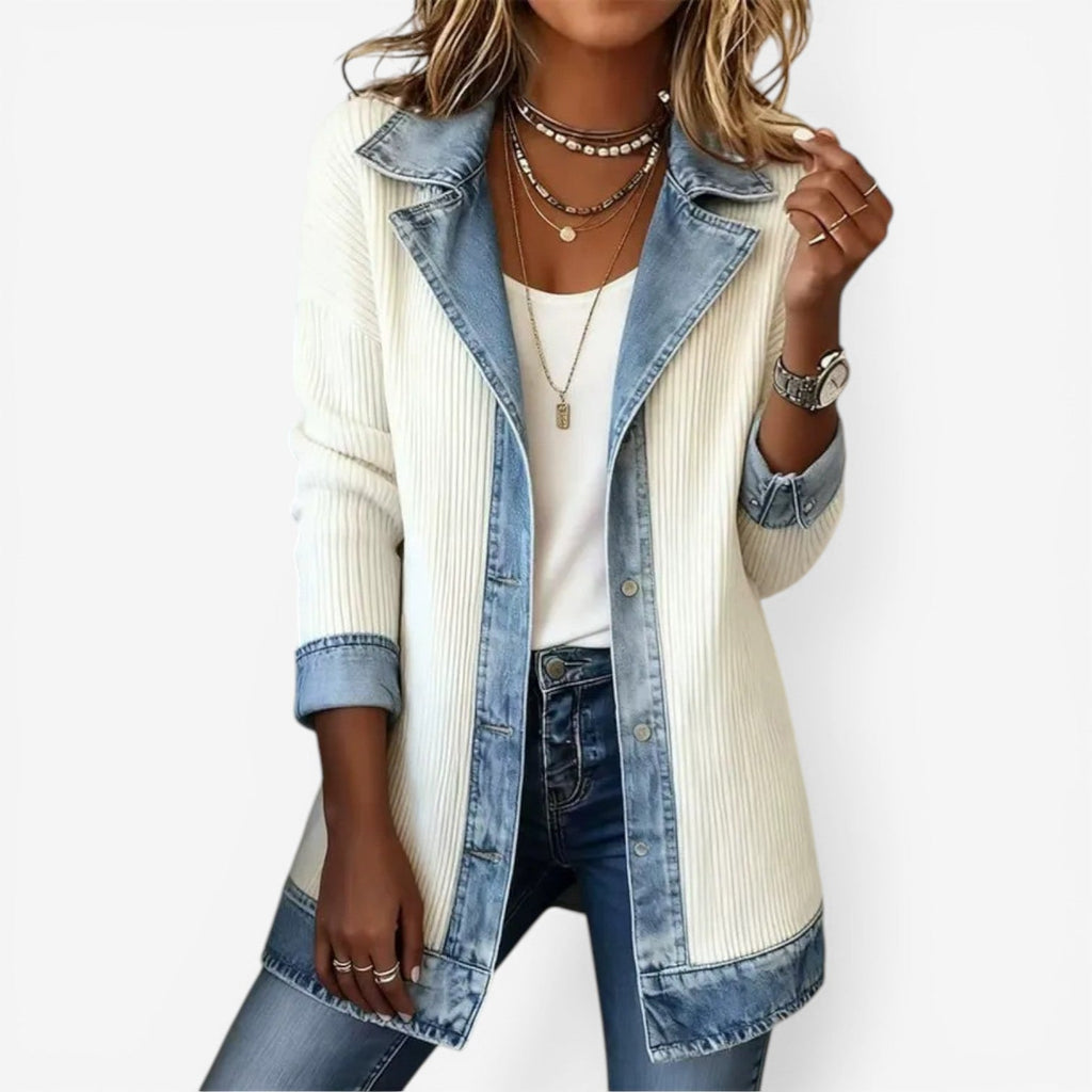 Lange Damen-Jacke mit Kontrastkragen und Knopfleiste | J&B - 1 - Jasminaboutique.com