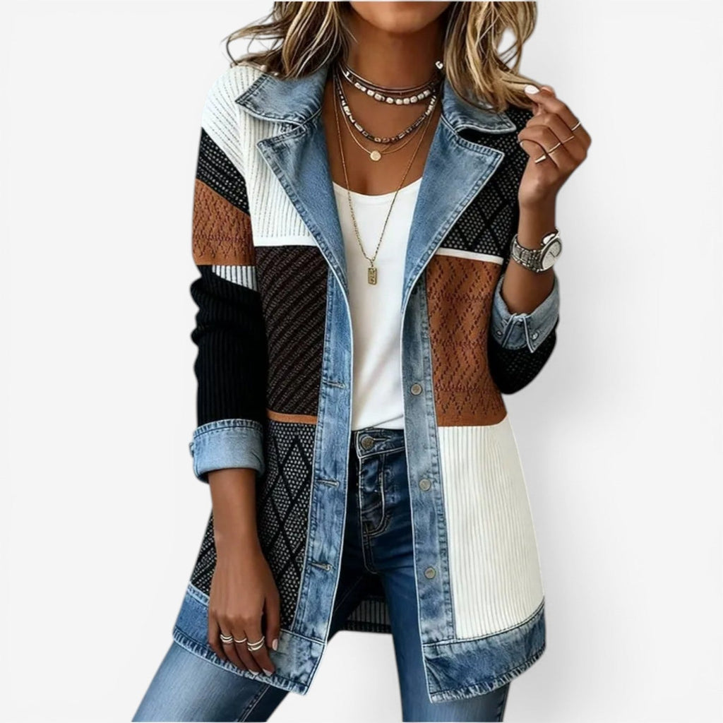 Lange Damen-Jacke mit Kontrastkragen und Knopfleiste | J&B - 3 - Jasminaboutique.com