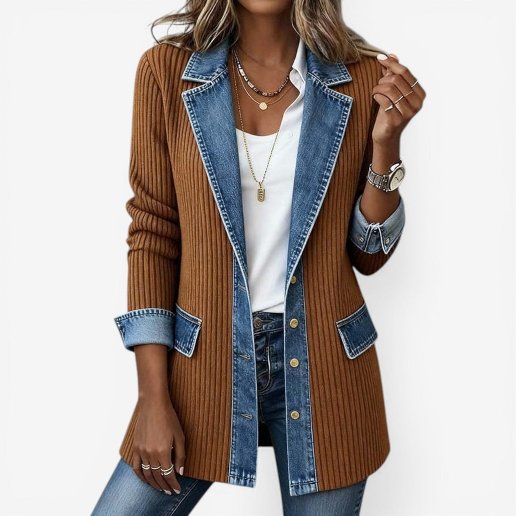 Lange Damen-Jacke mit Kontrastkragen und Knopfleiste | J&B - 4 - Jasminaboutique.com