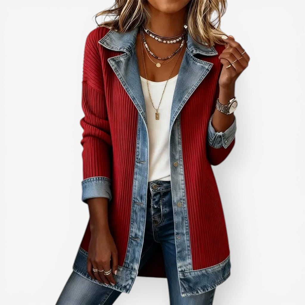 Lange Damen-Jacke mit Kontrastkragen und Knopfleiste | J&B - 5 - Jasminaboutique.com