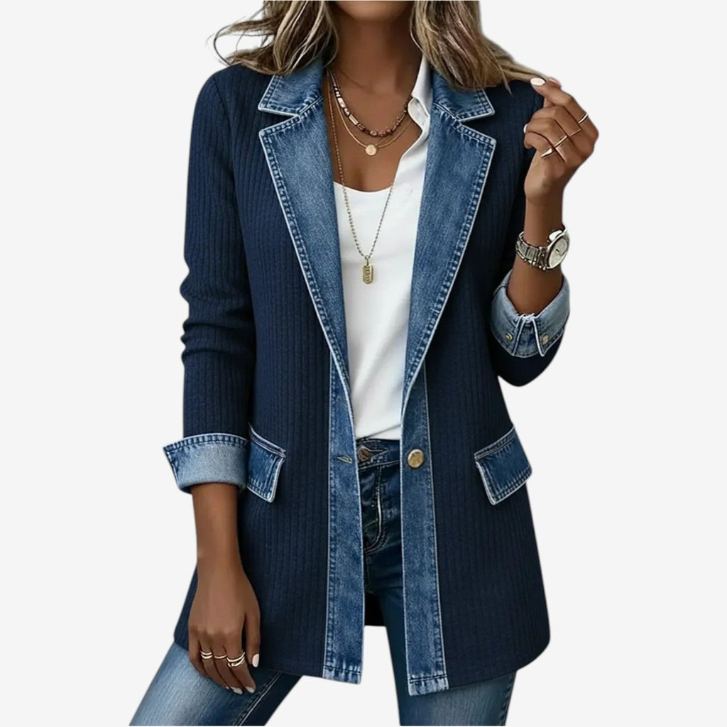 Lange Damen-Jacke mit Kontrastkragen und Knopfleiste | J&B - 6 - Jasminaboutique.com