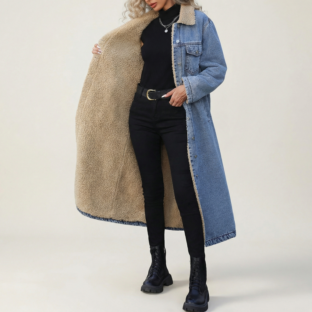 Jeansjacke Damen im Longline-Stil mit kuscheligem Futter | J&B - 2 - Jasminaboutique.com