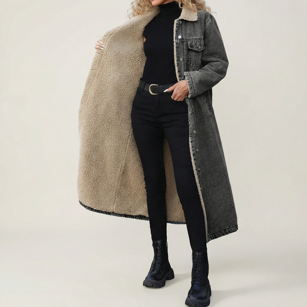 Jeansjacke Damen im Longline-Stil mit kuscheligem Futter | J&B - 5 - Jasminaboutique.com