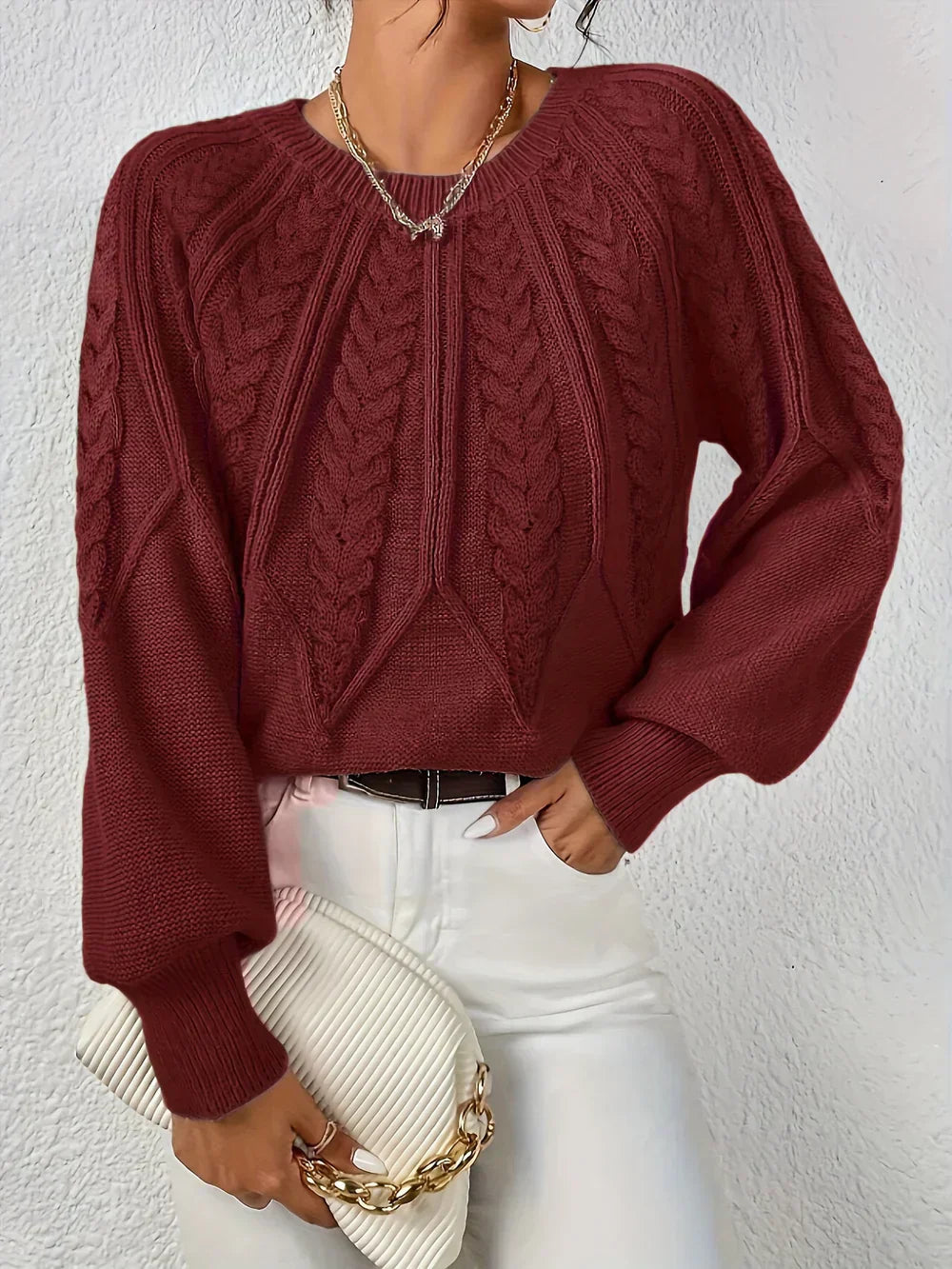 Pullover Damen mit Zopfmuster und langen Ärmeln | J&B - 2 - Jasminaboutique.com