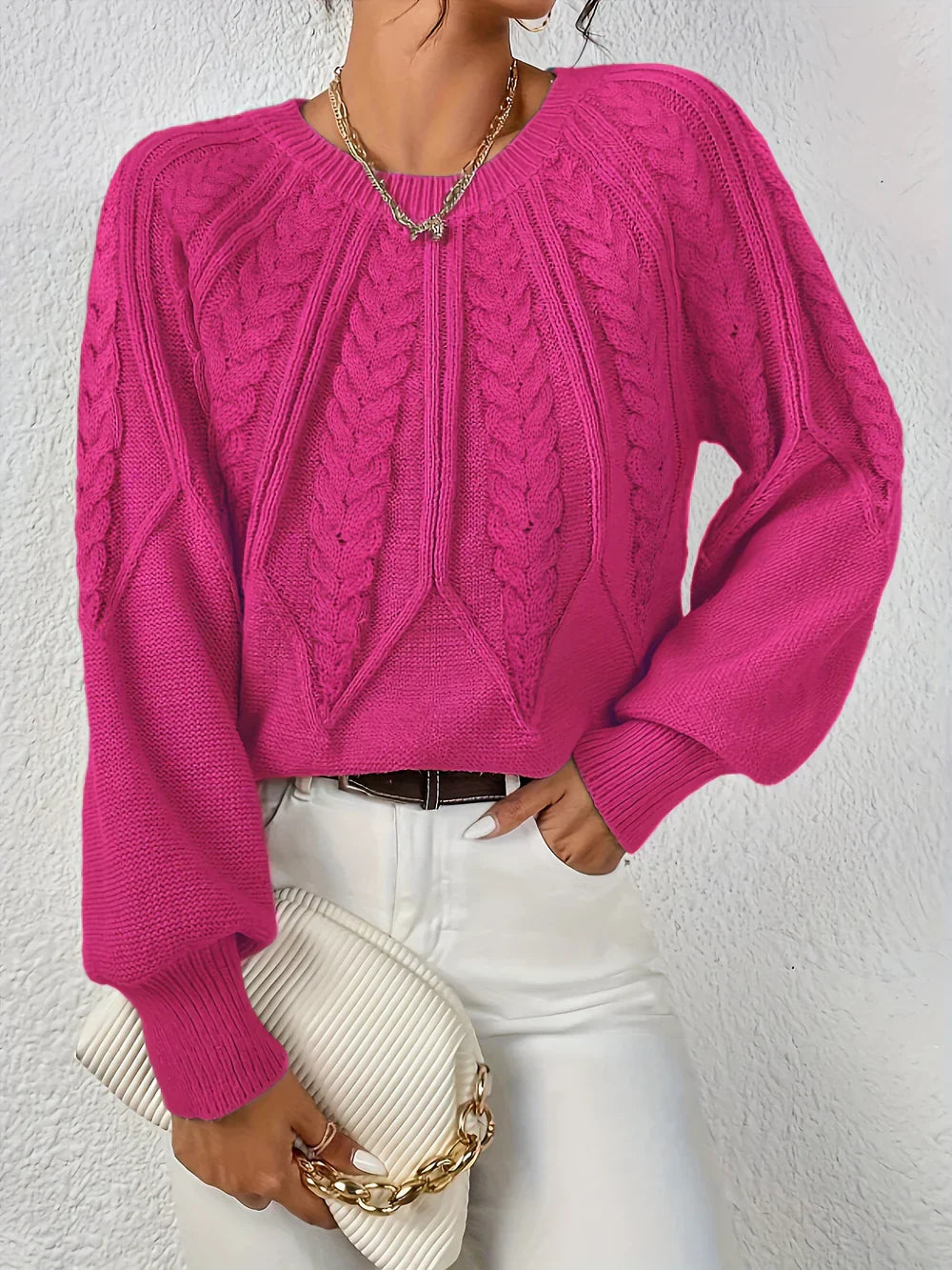 Pullover Damen mit Zopfmuster und langen Ärmeln | J&B - 7 - Jasminaboutique.com