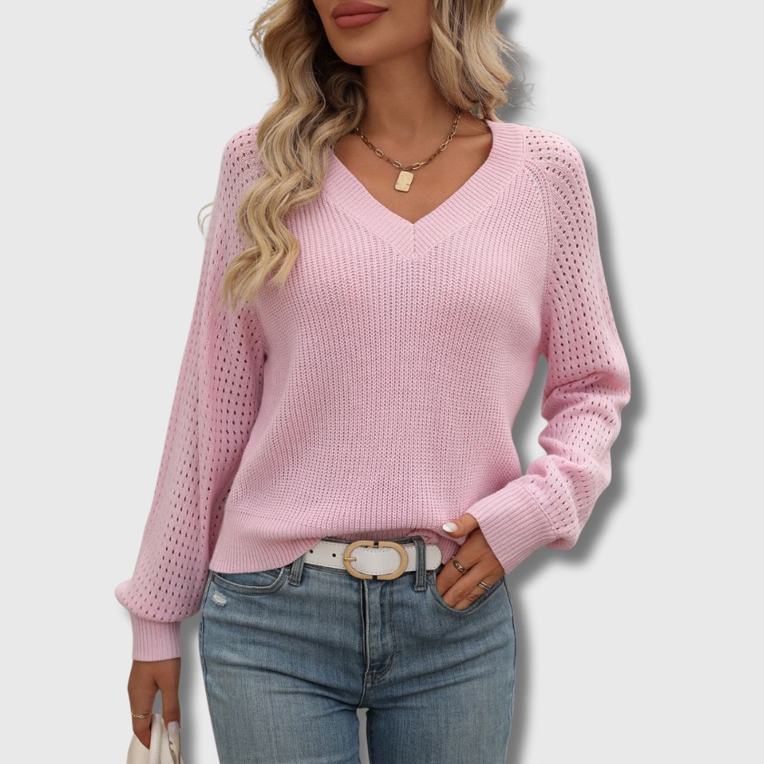 Pullover Damen mit V-Ausschnitt und strukturierten Ärmeln | J&B - 1 - Jasminaboutique.com