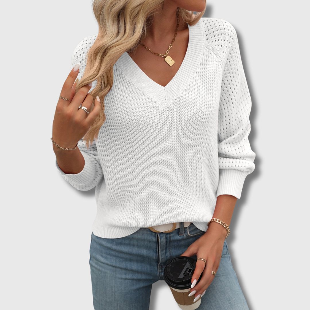 Pullover Damen mit V-Ausschnitt und strukturierten Ärmeln | J&B - 2 - Jasminaboutique.com
