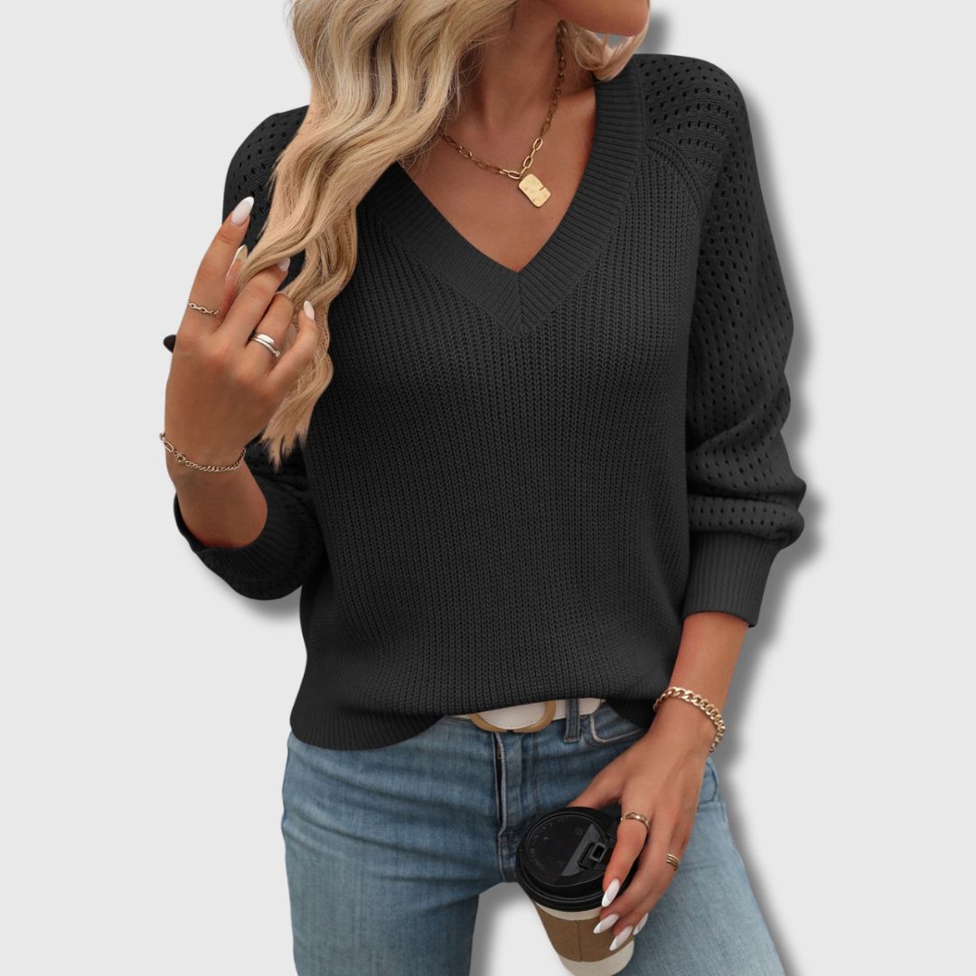 Pullover Damen mit V-Ausschnitt und strukturierten Ärmeln | J&B - 3 - Jasminaboutique.com