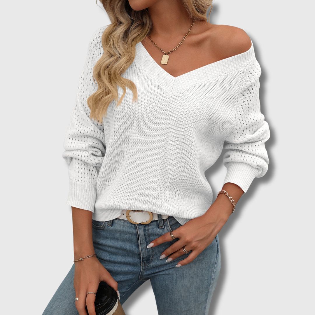 Pullover Damen mit V-Ausschnitt und strukturierten Ärmeln | J&B - 5 - Jasminaboutique.com