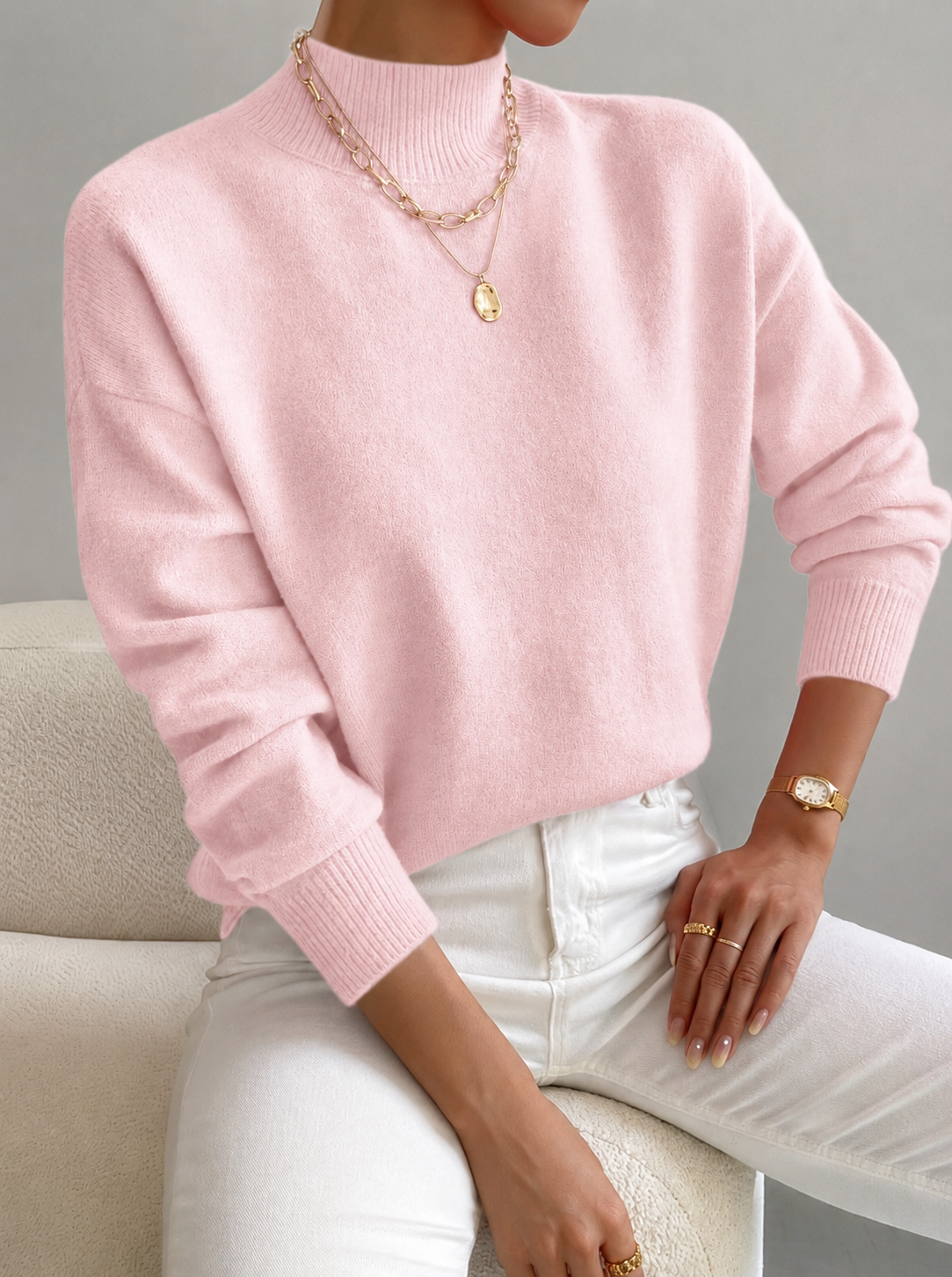Kuscheliger Pullover Damen mit Stehkragen und gerippten Bündchen | J&B - 3 - Jasminaboutique.com