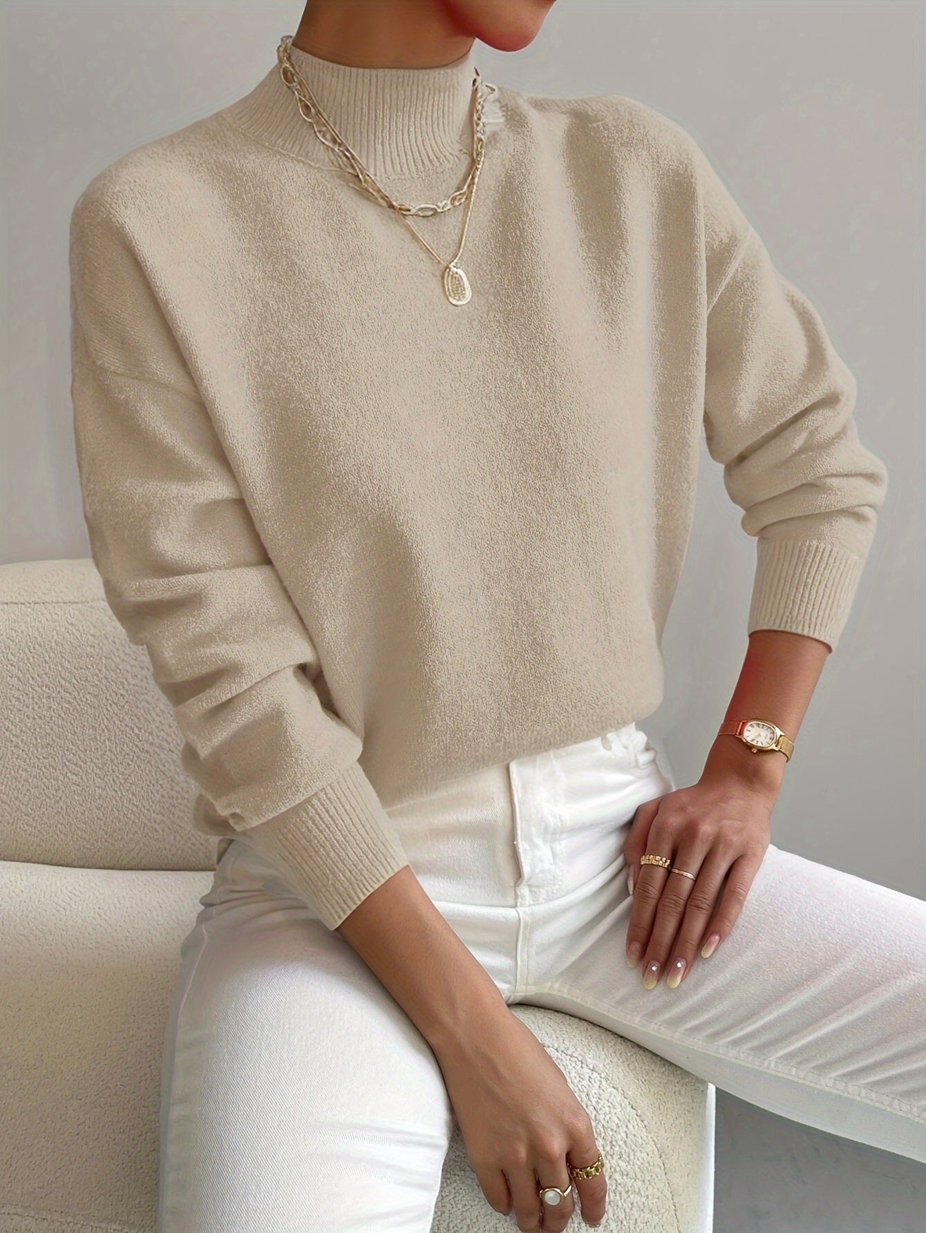 Kuscheliger Pullover Damen mit Stehkragen und gerippten Bündchen | J&B - 5 - Jasminaboutique.com