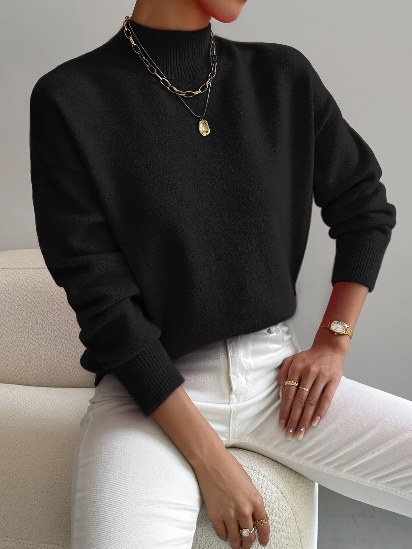 Kuscheliger Pullover Damen mit Stehkragen und gerippten Bündchen | J&B - 6 - Jasminaboutique.com