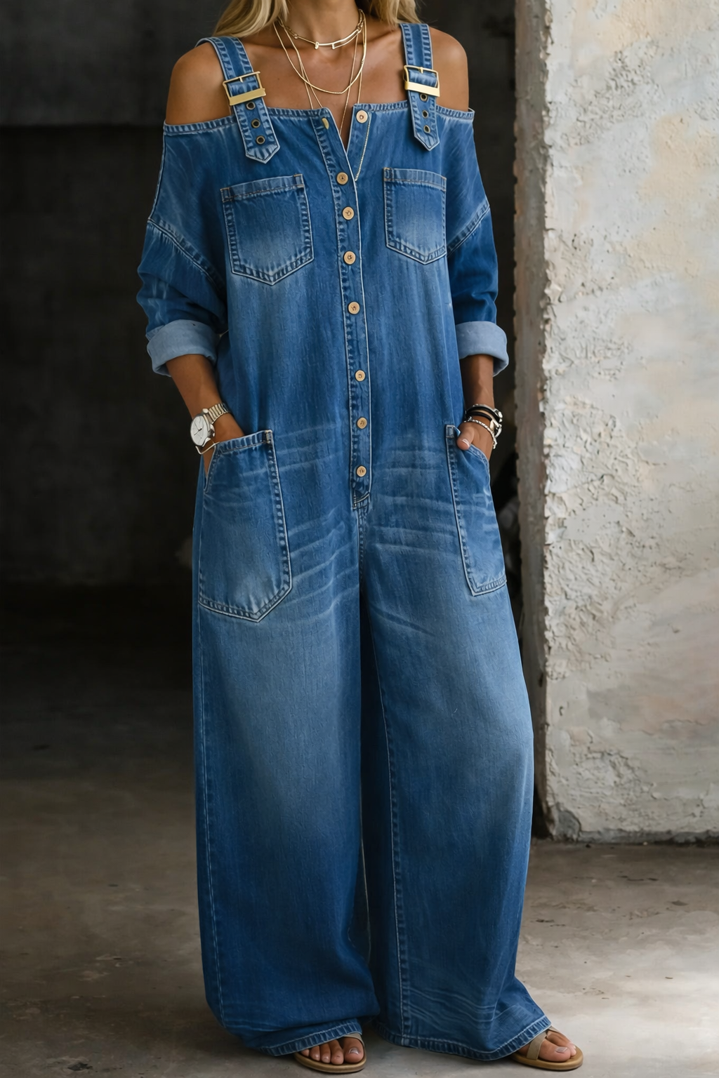 Denim-Jumpsuit Damen im weiten Schnitt mit Knopfdetails | J&B - 1 - Jasminaboutique.com