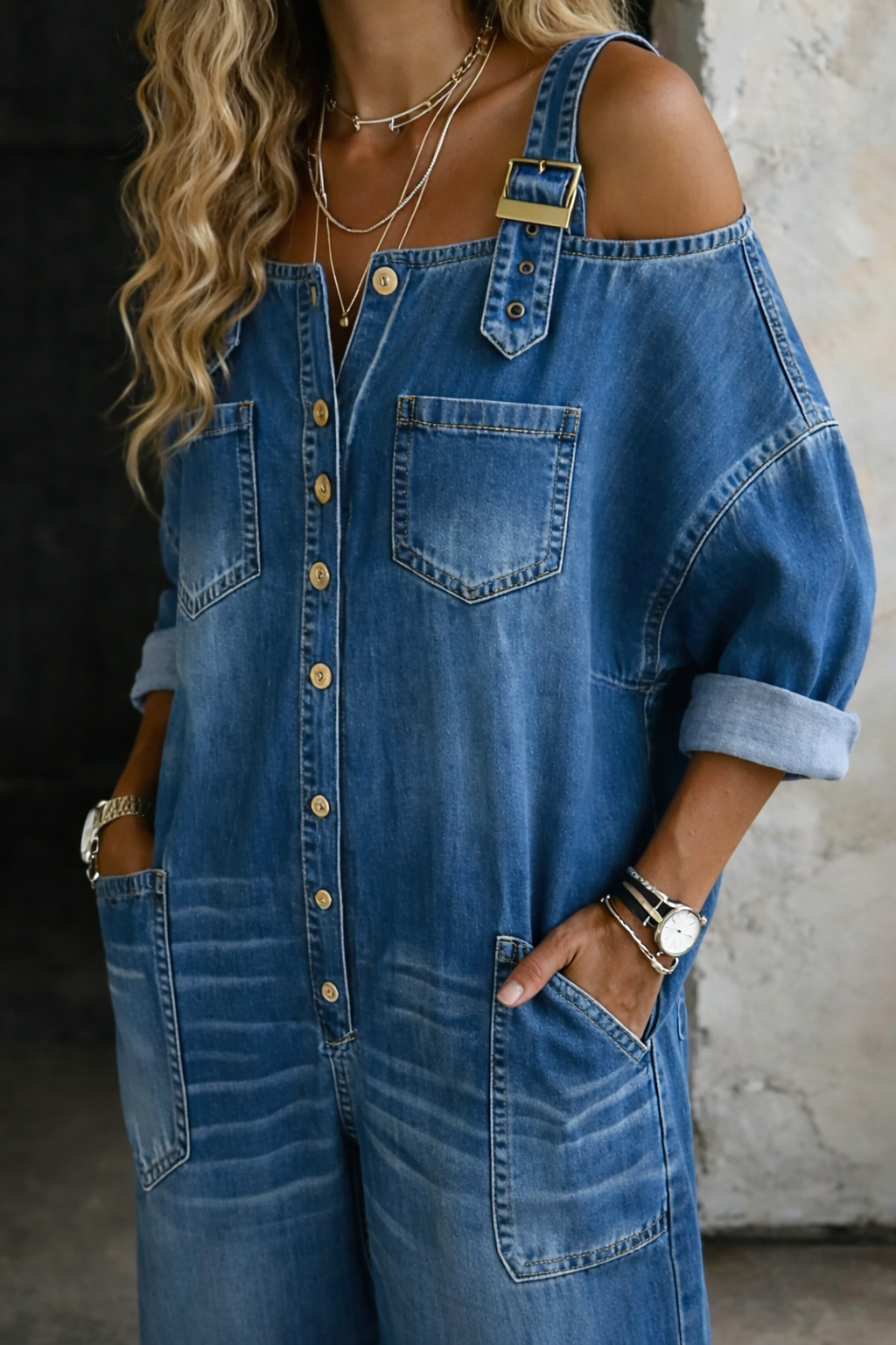 Denim-Jumpsuit Damen im weiten Schnitt mit Knopfdetails | J&B - 2 - Jasminaboutique.com