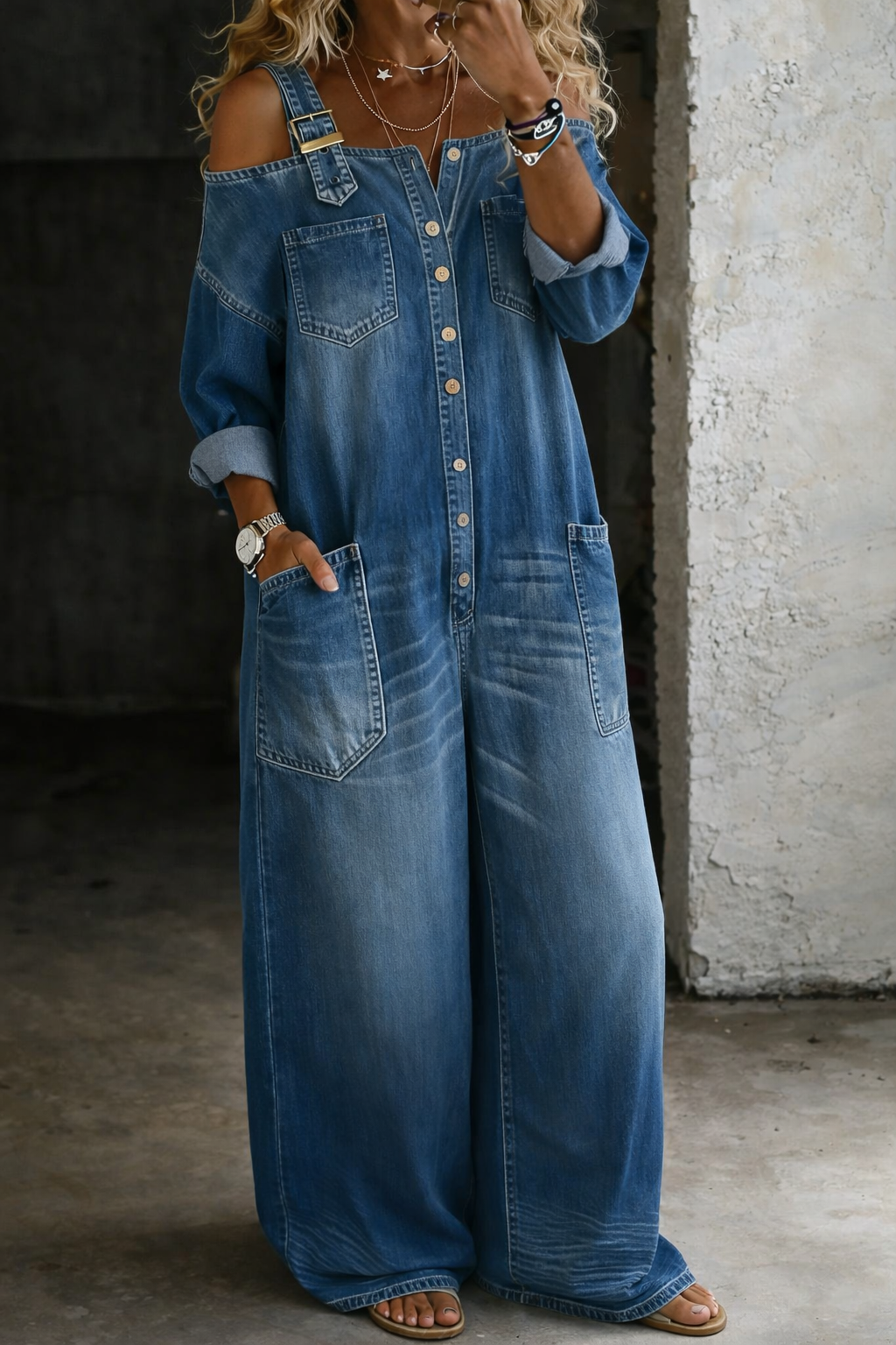 Denim-Jumpsuit Damen im weiten Schnitt mit Knopfdetails | J&B - 4 - Jasminaboutique.com