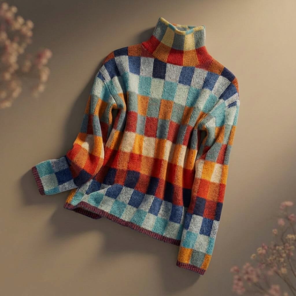 Karierter Pullover für Damen, bequeme Passform mit Rollkragen - 1 - Jasminaboutique.com