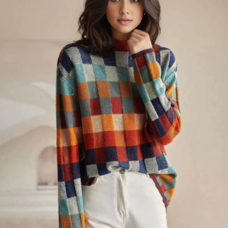 Karierter Pullover für Damen, bequeme Passform mit Rollkragen - 2 - Jasminaboutique.com