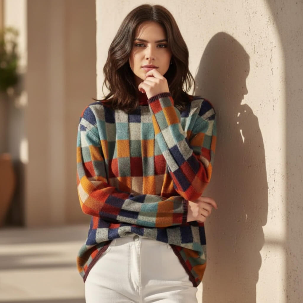 Karierter Pullover für Damen, bequeme Passform mit Rollkragen - 3 - Jasminaboutique.com